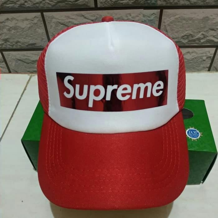 Topi Trucker Jaring - Supreme merah putih - Polyflex murah
