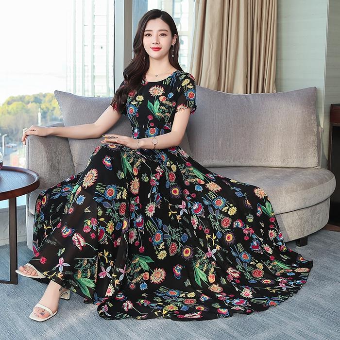 Dress Maxi Bahan Sifon Motif Bunga