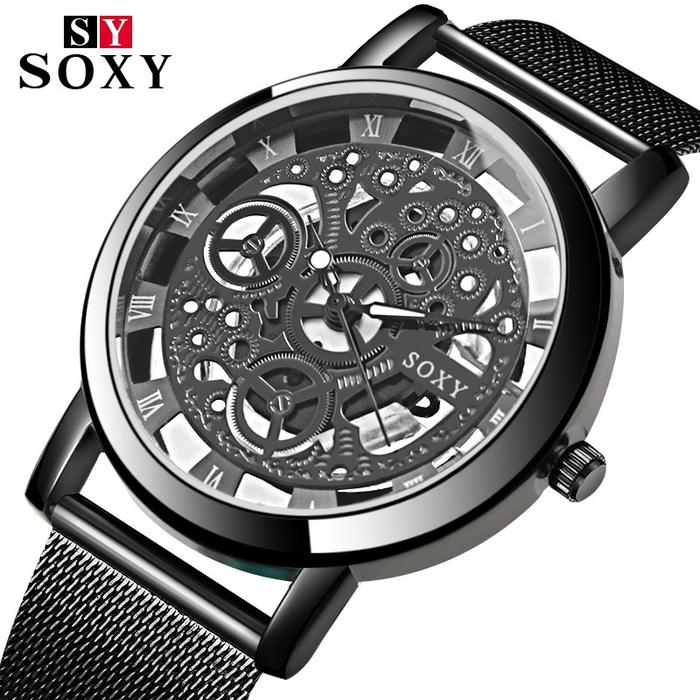 SOXY Jam Tangan Pria Luxury Hollow Steel Business Quartz Men's