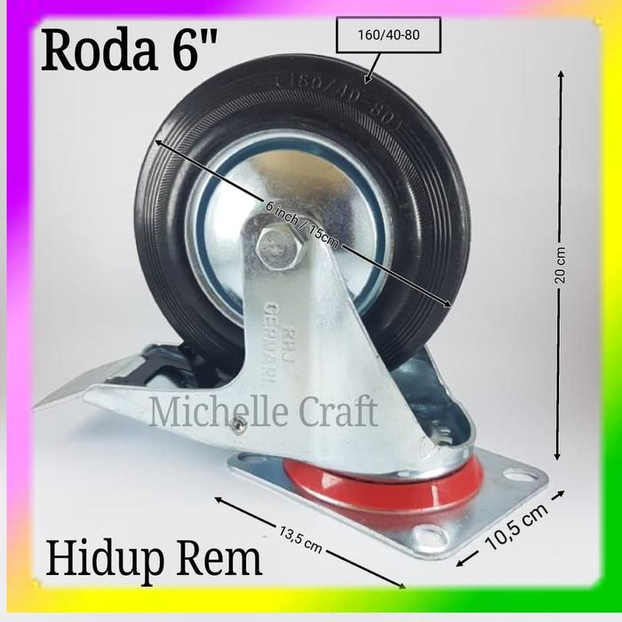 Roda Troli 6" Hidup Rem Roda karet gerobak 6 inch