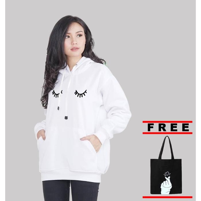 Vallenca Jaket Hoodie Wanita Poket Eyelash Putih Gratis Tas Totebag