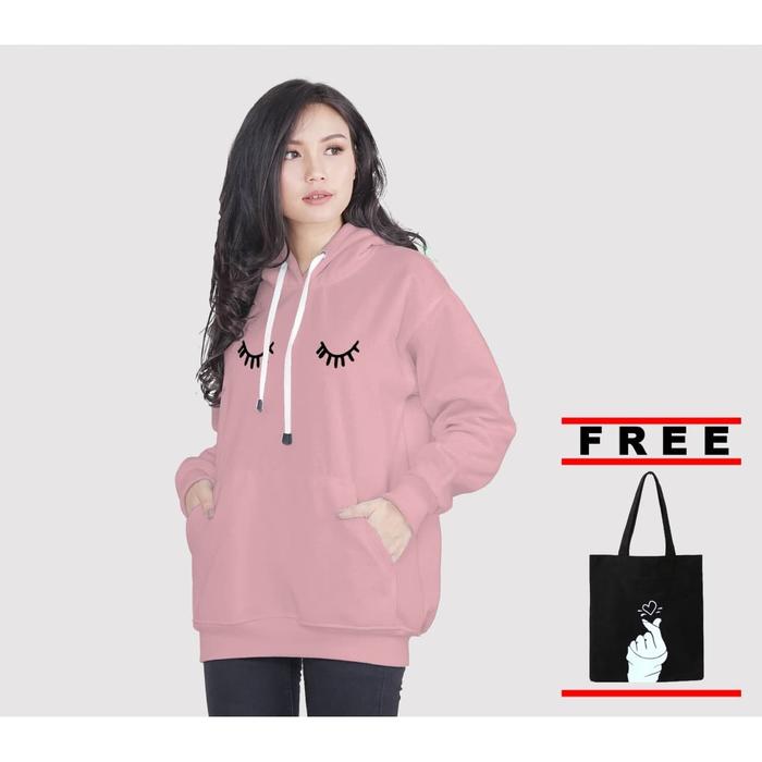 Vallenca Jaket Hoodie Wanita Poket Eyelash Pink Gratis Tas Totebag
