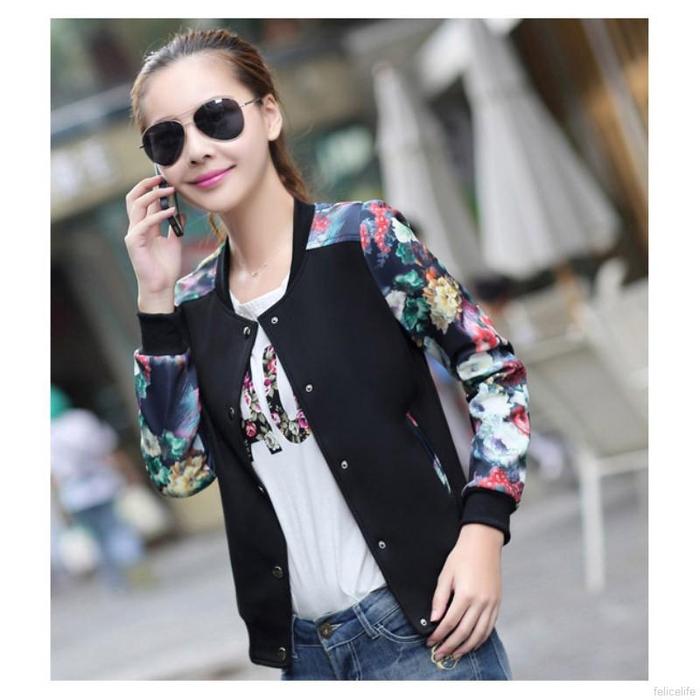 Jaket Bomber Wanita Lengan Panjang Motif Print Bunga dengan Detail