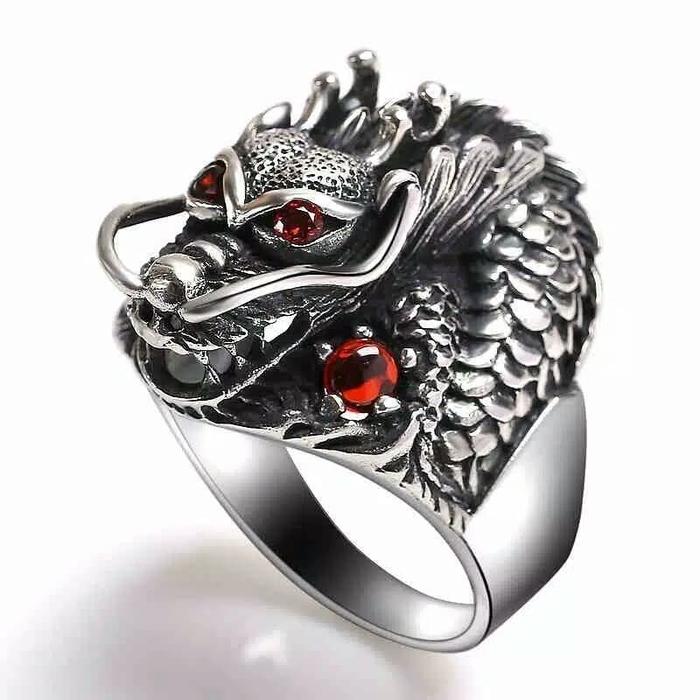 Cincin Titanium Naga kristal merah Pria Knuckle ring Punk Gothic