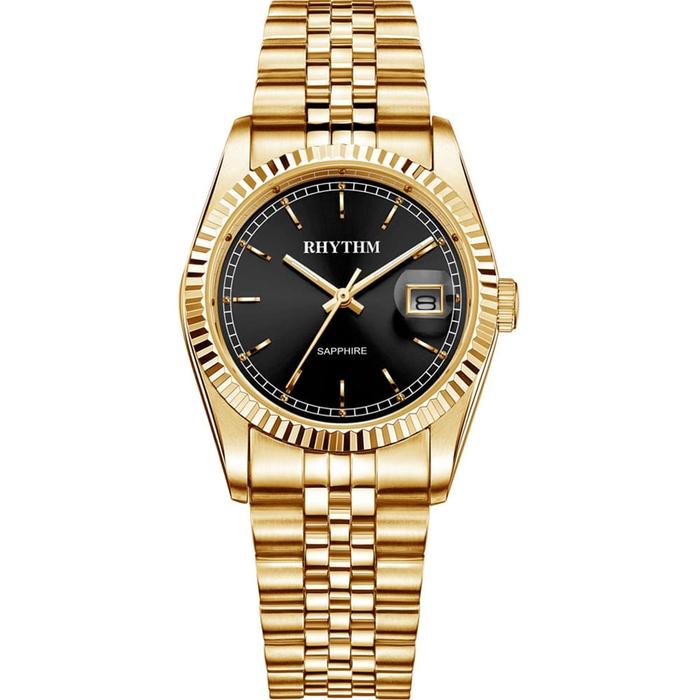 Jam Tangan Couple Pria Rantai Gold Dial Hitam RHYTHM R1201S06