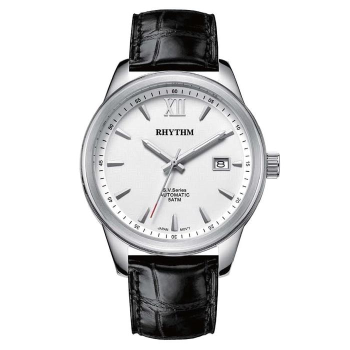 Jam Tangan Pria Tali Kulit Hitam Dial Putih RHYTHM AUTOMATIC AV1503L01