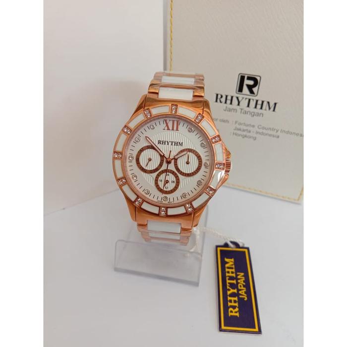JAM TANGAN RHYTHM F1201T06 WANITA ROSEGOLD WHITE CERAMIC ORIGINAL