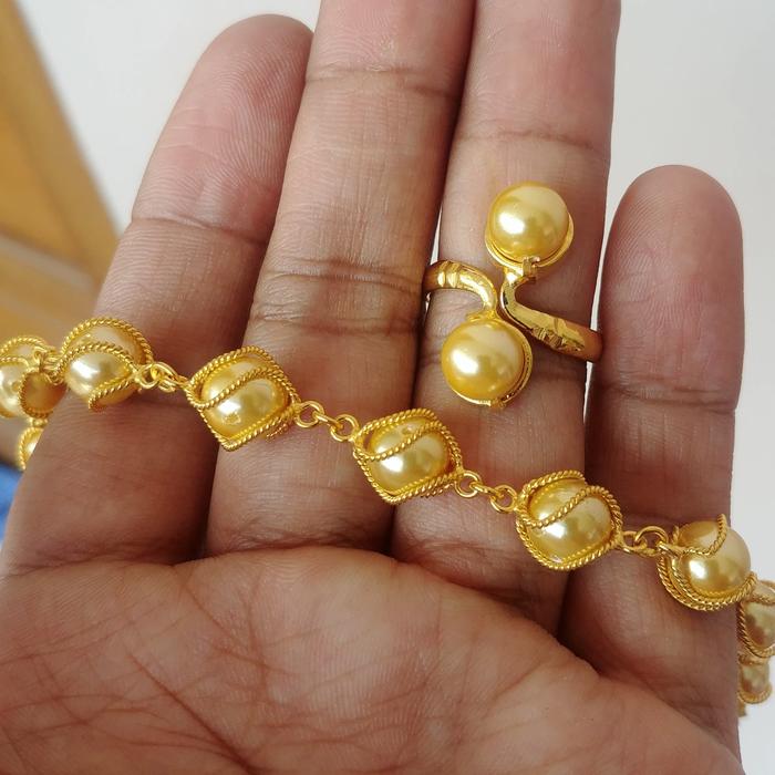 Gelang Mutiara + Cincin Mutiara Sel Lapis Emas Lapisan Emas Asli