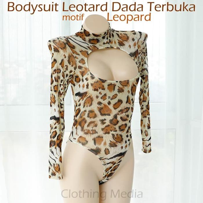 Baju Leotard Dada Terbuka Motif Leopard Thong Lengan Panjang Lingerie