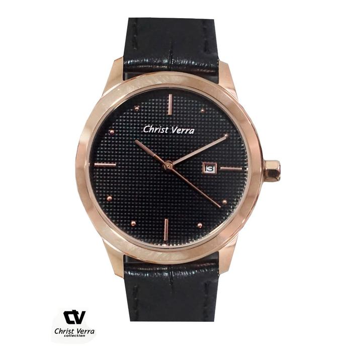 JAM TANGAN CHRIST VERRA CV 71626G-25 PRIA ROSEGOLD BLACK LEATHER ORI