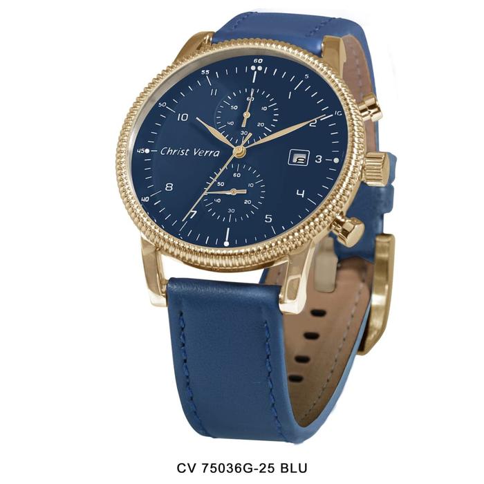 JAM TANGAN CHRIST VERRA CV 75036G-25 PRIA ROSEGOLD BLUE LEATHER ORI