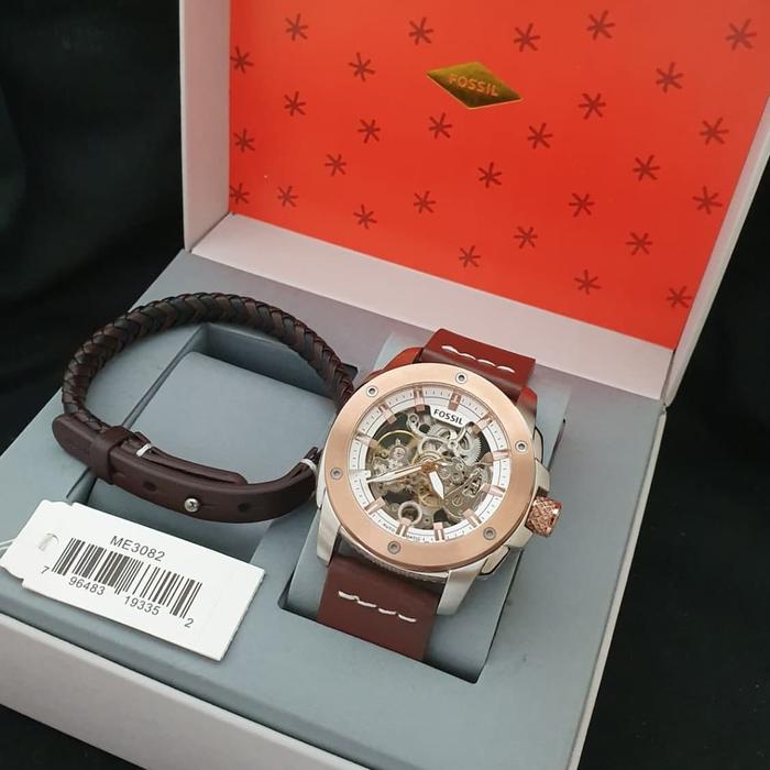 Jam Pria Fossil ME 3082 Automatic Kulit Original Fullset Gelang 44mm
