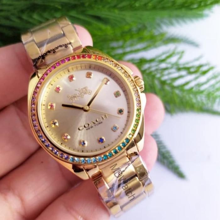 Jam Tangan Wanita Merek Coach Diamond Case Gold 3.0cm Original BM