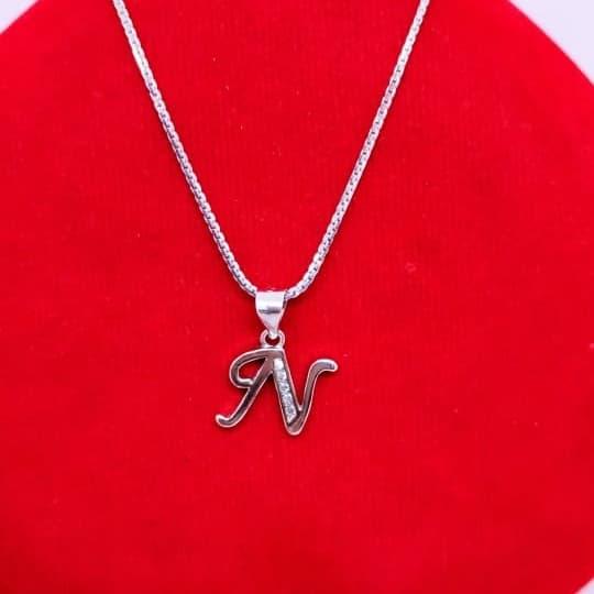 kalung italy santa + liontin huruf N perak 925/silver lapis emas putih