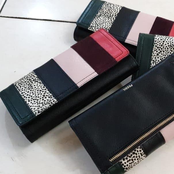 Dompet Fossil RFID LOGAN FLAP BLACK PATCHWORK NWT