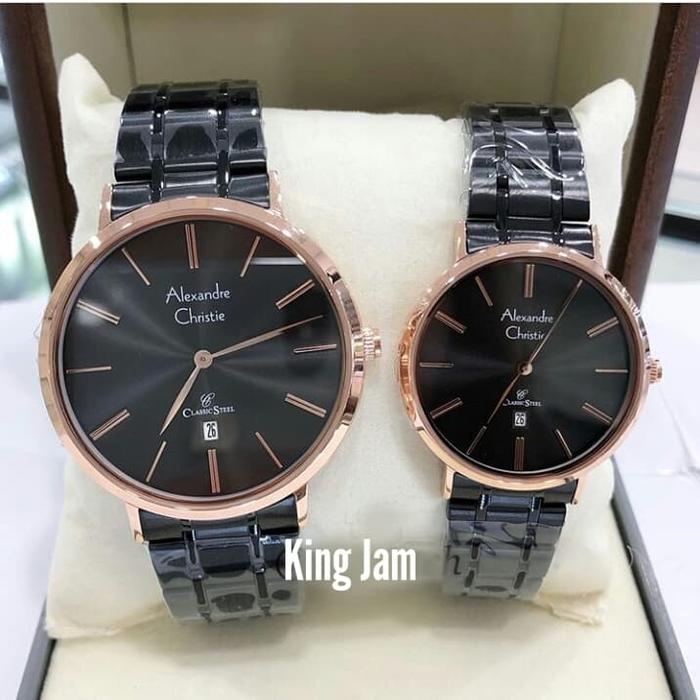 Jam Tangan Couple Alexandre Christie AC 8597 Original Black Rosegold