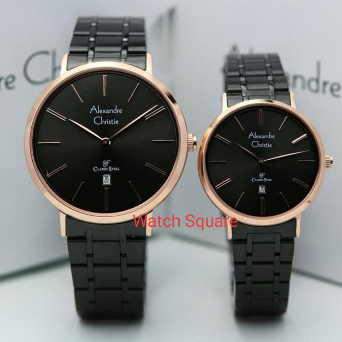 Jam Tangan Couple Original Alexandre Christie AC8597 Black Rosegold