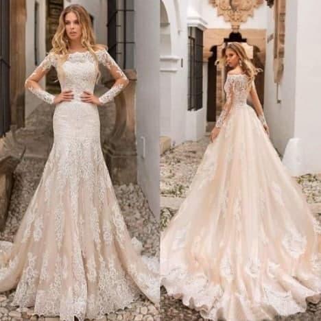 Gaun Wedding Pengantin China Elegan Perahu Leher Putih Gading Renda  wedding  gown pernikahan lengan
