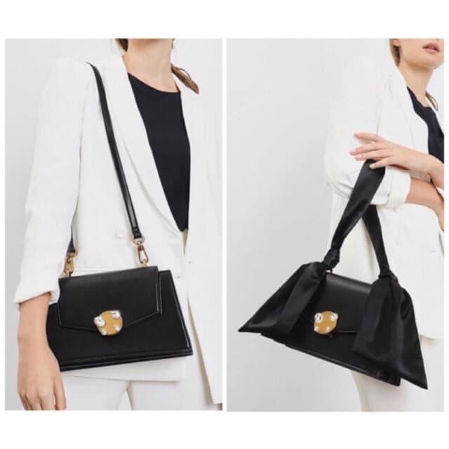 Tas Branded Original Charles and Keith Black Pink Ribbon Shoulder Bag