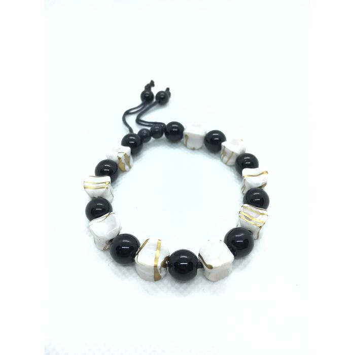 GELANG PRIA BEADS HITAM GRANIT PUTIH EMAS FASHIONABLE