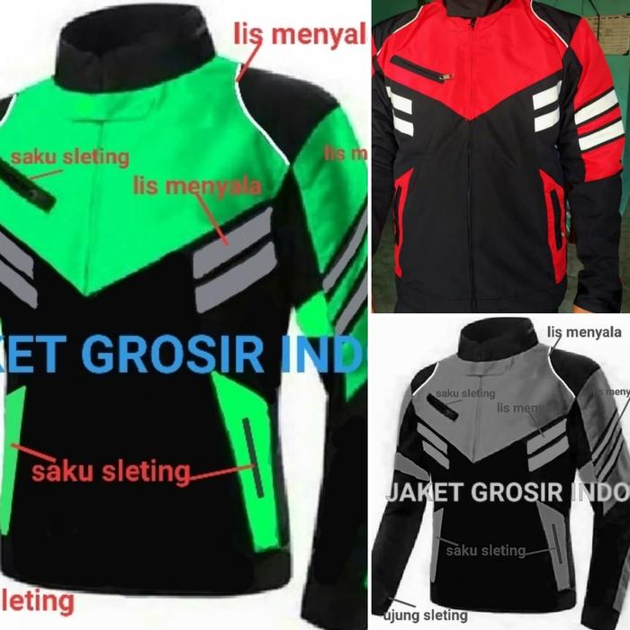 Jaket Turing Merah Abu Hijau Motor Keren Kombinasi Pria Cowok Polos Dewasa Parasut Racing Bahan Tasl