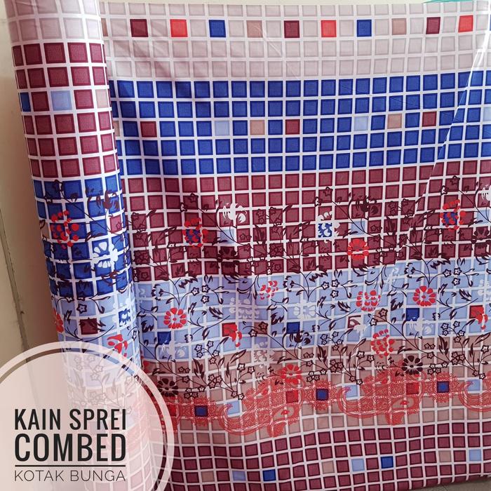 KAIN SPREI COMBED MOTIF KOTAK BUNGA