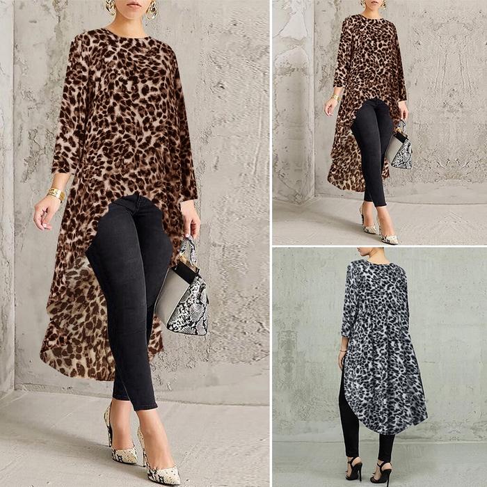 Blus Asimetris Lengan Panjang Motif Leopard