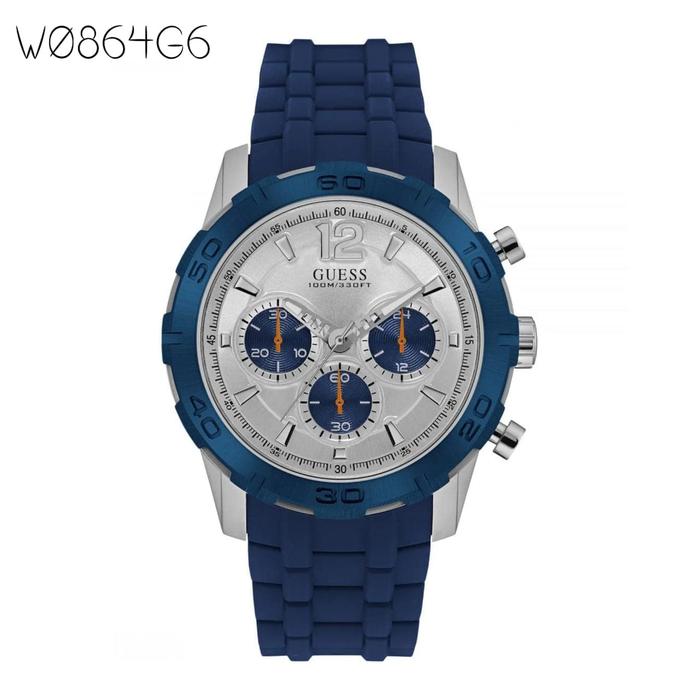 Jam Tangan Pria Merek Guess W0864G6 Blue Rubber Original 4.5cm