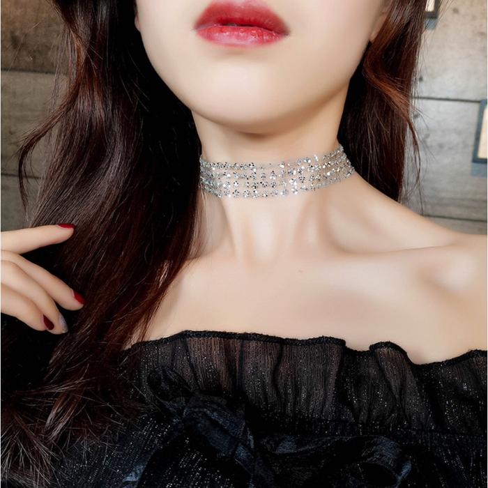 Kalung Choker Invisible Aksen Glitter Hitam / Emas / Silver Aksesoris