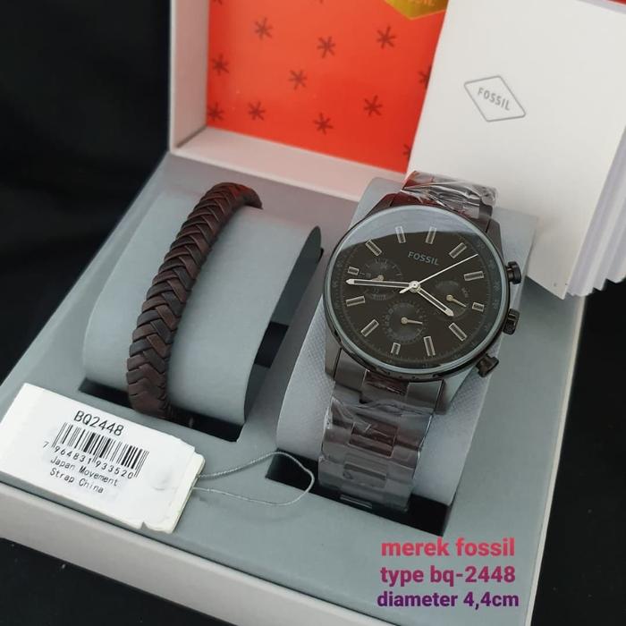 Jam Tangan Pria Merk Fossil BQ2448 & BQ 2448 Black Fullset Gelang 44mm