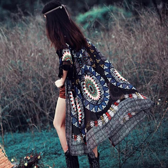 Fashion Women Boho Chiffon Printing Jacket Open Cardigan Long Maxi