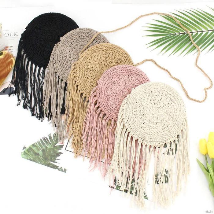 Tas Handbag Anyam Jerami Rotan Bulat dengan Hiasan Rumbai Sling Bag