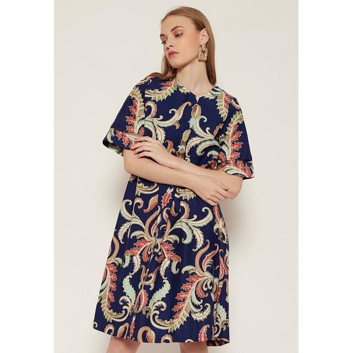 Batik Semar Dress batik wanita Rube Dedaunan Navy