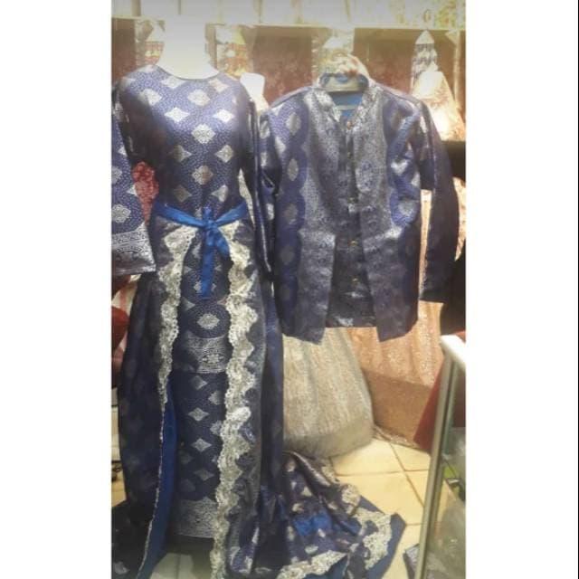 baju pengantin songket mesin Palembang biru silver