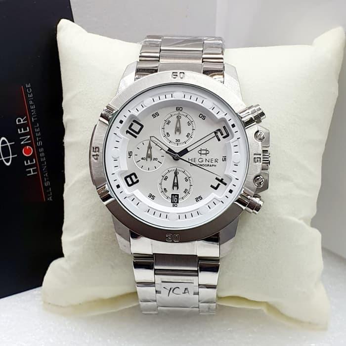 Hegner 1656 cr silver white chronograph jam tangan pria original