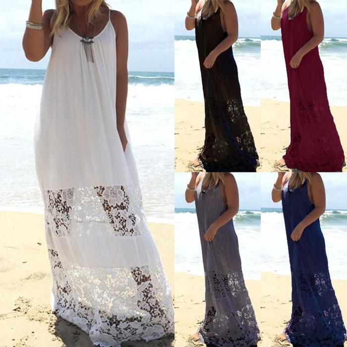 Long Dress Maxi Gaya Boho Aksen Renda