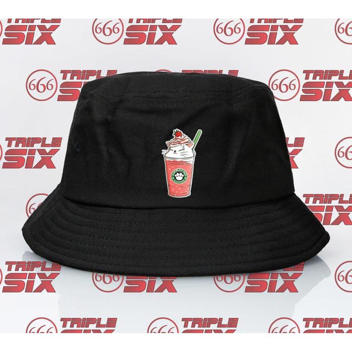 Topi Bucket Hat Premium Desain Strawberry Choco Straw Bubble Drink