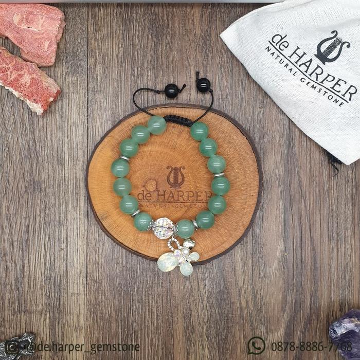 Gelang Batu Natural Green Aventurine, Original Swarovski Crystal 12mm