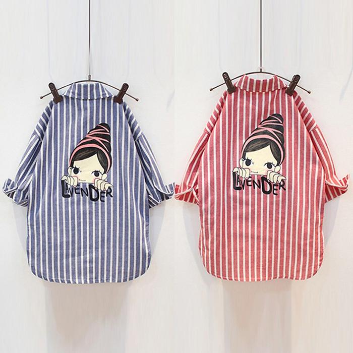 Blus Tunik Lengan Panjang Motif Garis Vertikal untuk Musim Gugur