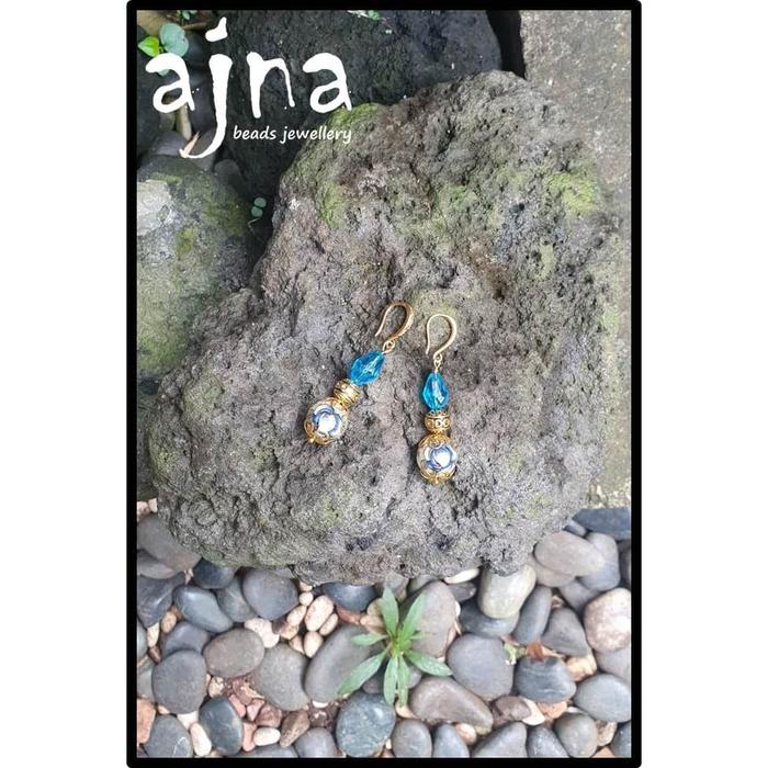 Anting Manik Etnik Non Korea - Golden Tensha Beads, Kristal Ceko