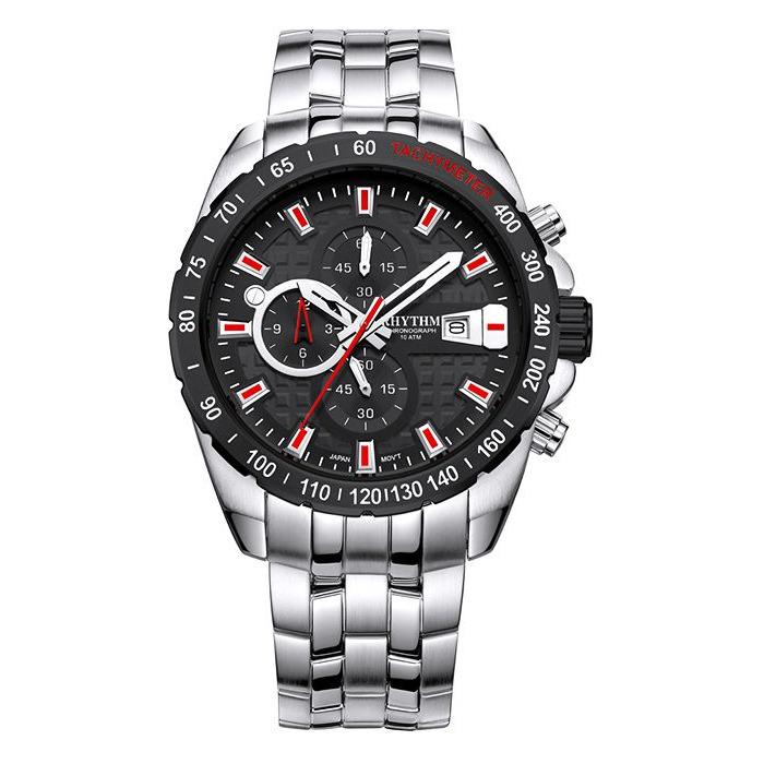 jam tangan pria RHYTHM 1407 silver Black Chronograph S1407S05
