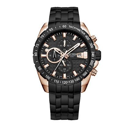 jam tangan pria RHYTHM 1407 Black Rosegold Chronograph S1407S05