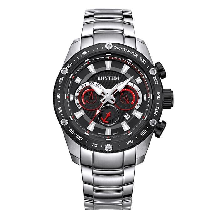 jam tangan pria RHYTHM 1407 silver Black Chronograph S1407S04