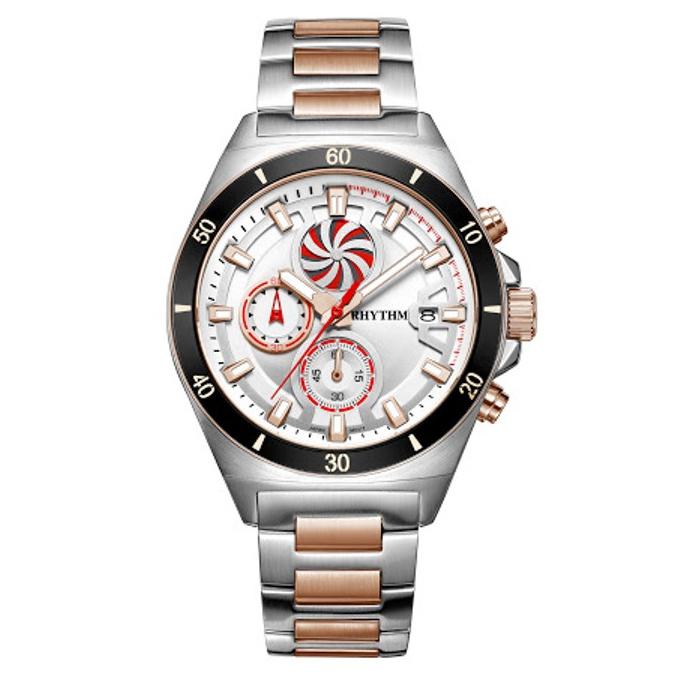 jam tangan pria RHYTHM 1404 silver rosegold Chronograph S1404S03