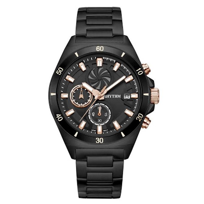 jam tangan pria RHYTHM 1404 Full Black rosegold Chronograph S1404S05