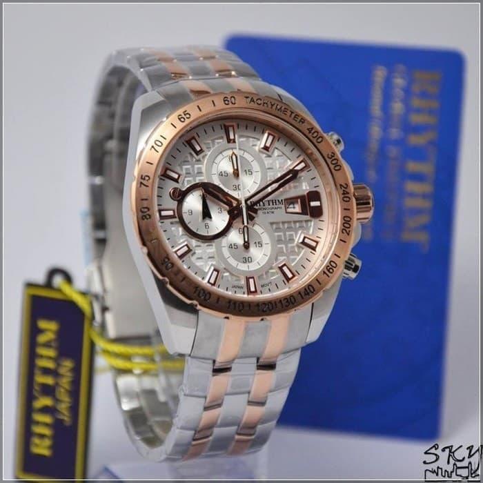 jam tangan pria RHYTHM 1407 silver rosegold Chronograph S1407S04