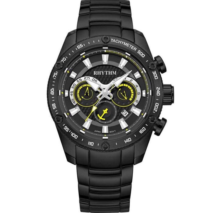jam tangan pria RHYTHM 1407 Full Black Chronograph S1407S04