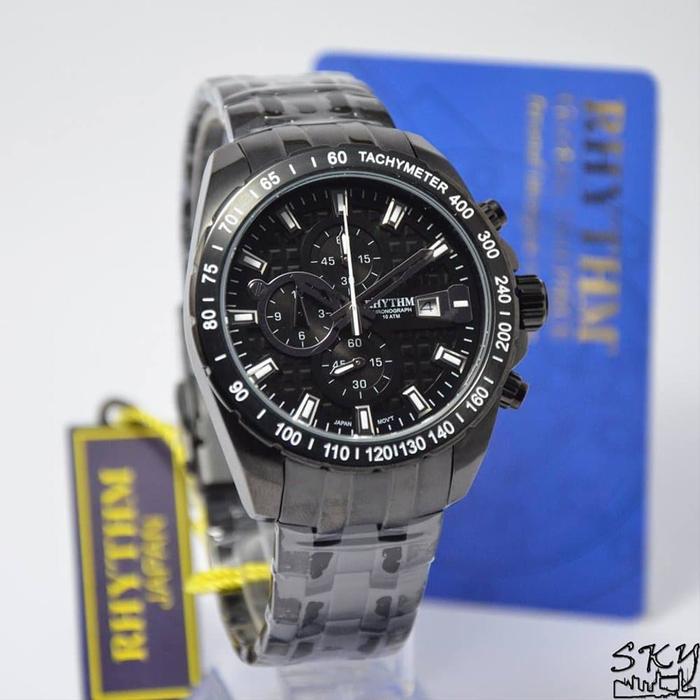 jam tangan pria RHYTHM 1407 Full Black Chronograph S1407S05