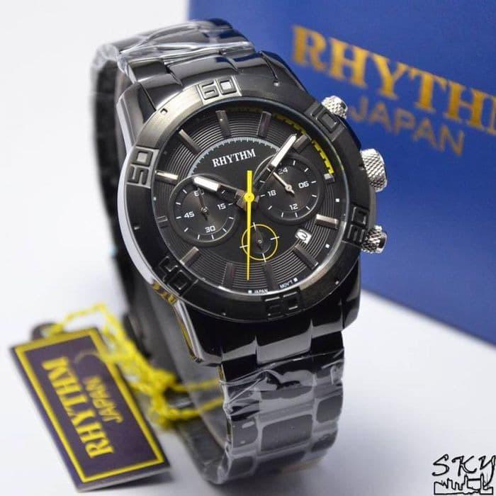 jam tangan pria RHYTHM 1402 Full Black Chronograph S1402S05