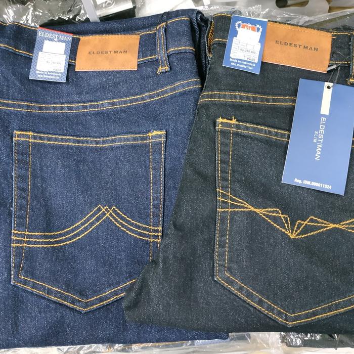 Celana Panjang Jeans Pria Eldest Biru Tua & Muda Ukuran Besar 34-38